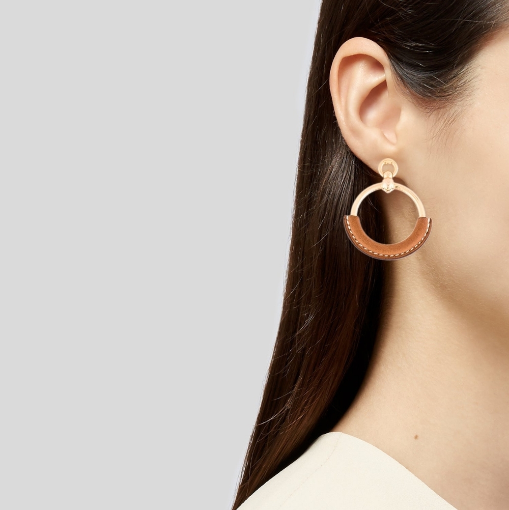 AUTHENTIC Hermes Barenia Leather Loop Earrings Gold Plated Timeless!! - Picture 2 of 3